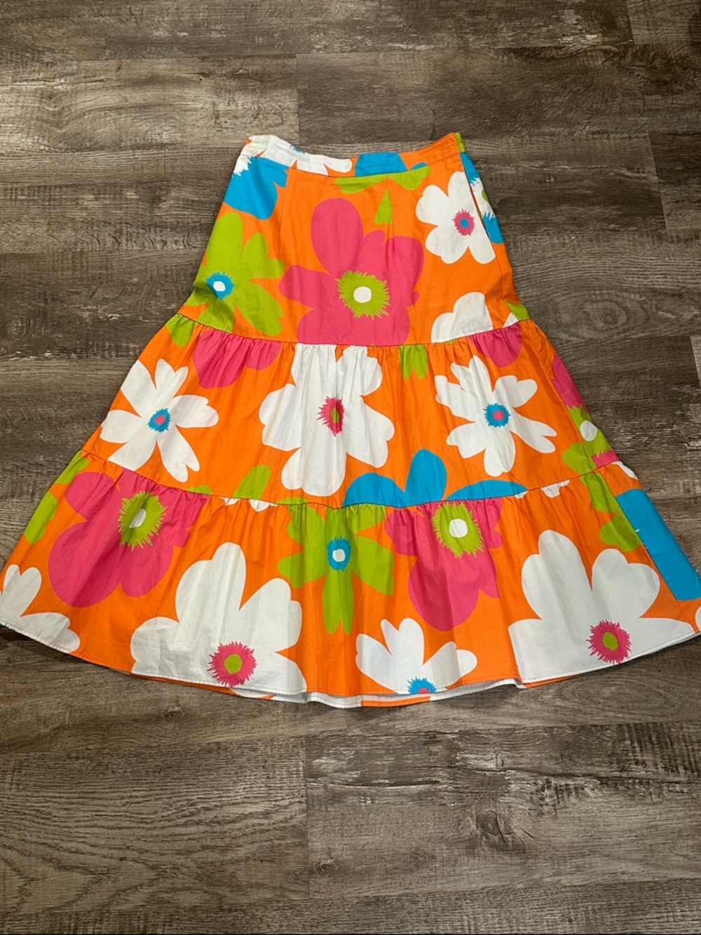 Orange Floral Tiered Maxi Skirt with Bold Multicolor Blooms Size Small